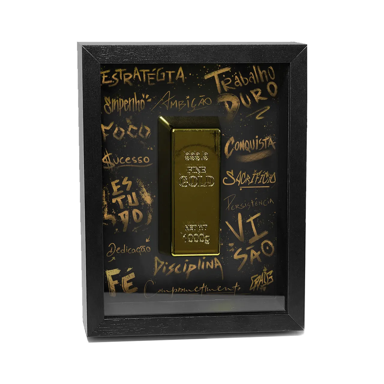 Quadro The Golden Bar of Abundance, de CRAIG, com lingote dourado tridimensional em caixa preta