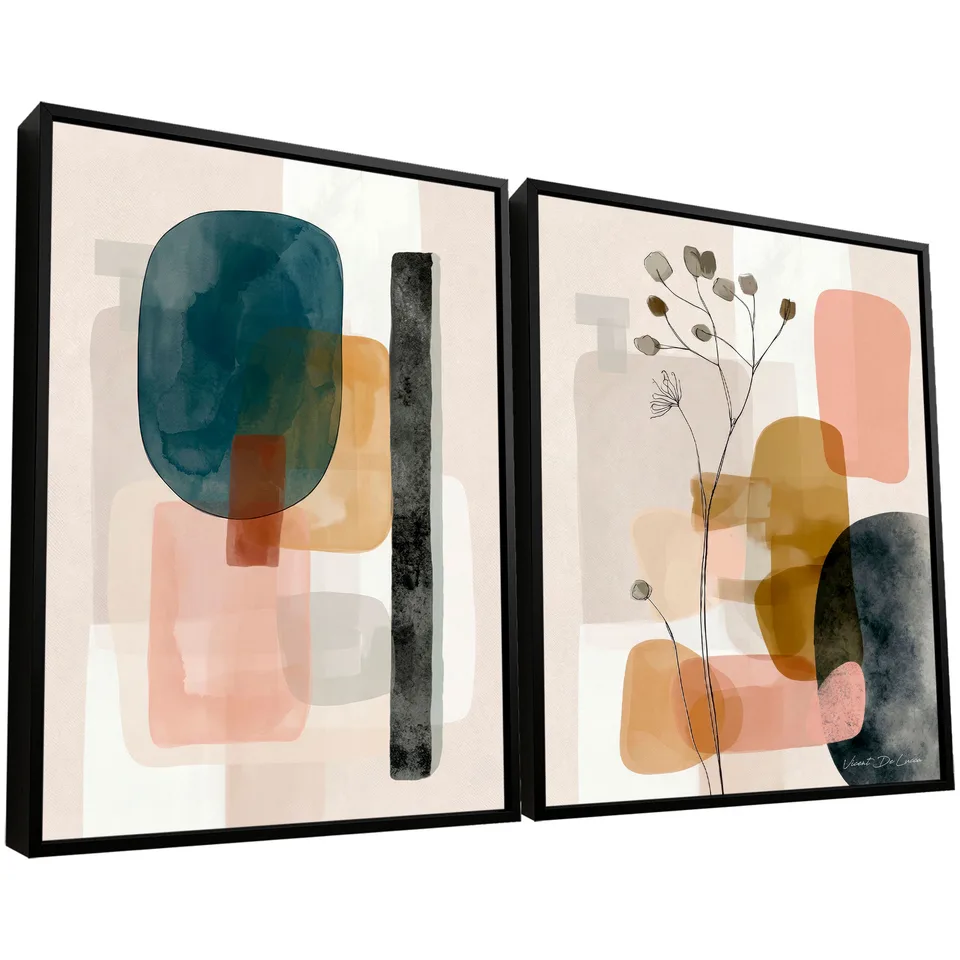 quadro boho 2 pecas — composição em tons terrosos e azul acinzentado — arte do artista Vicent de Lucca