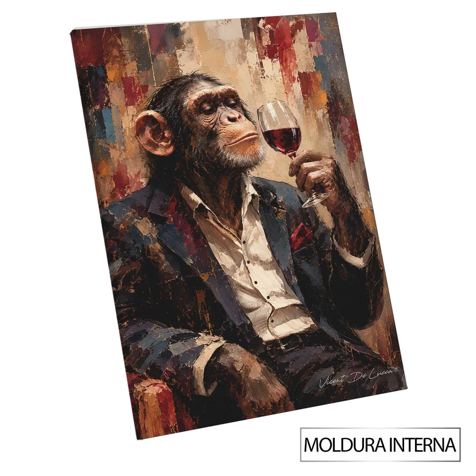 Quadro Macaco e o Vinho — Moldura Interna, Médio 64x48