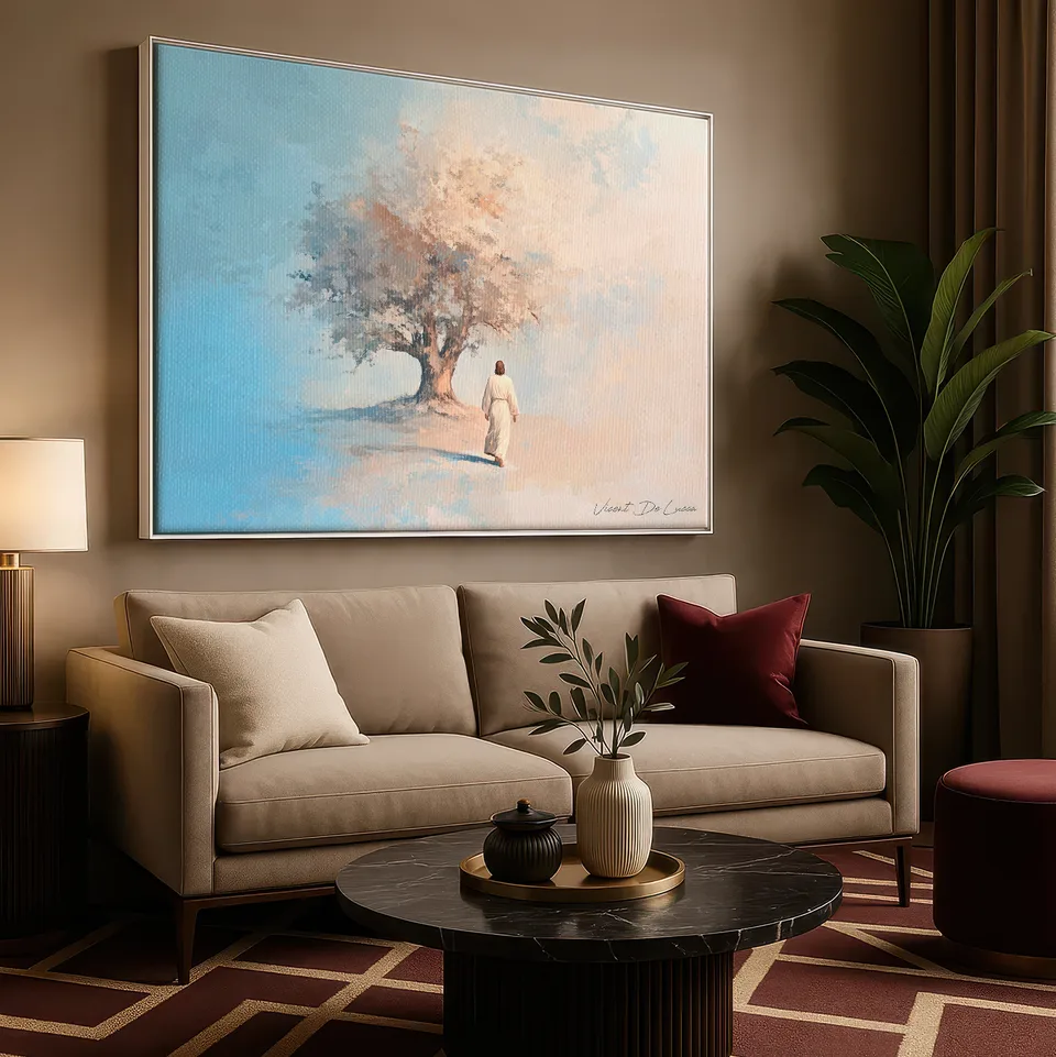 Quadro Jesus e a Árvore de Fé - Coleção Minimalista com moldura preta na sala