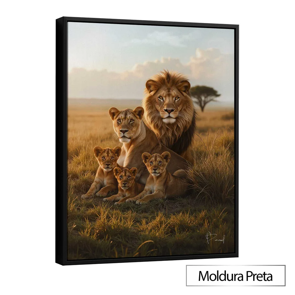Quadro Família de Leões na Savana Moldura Preta