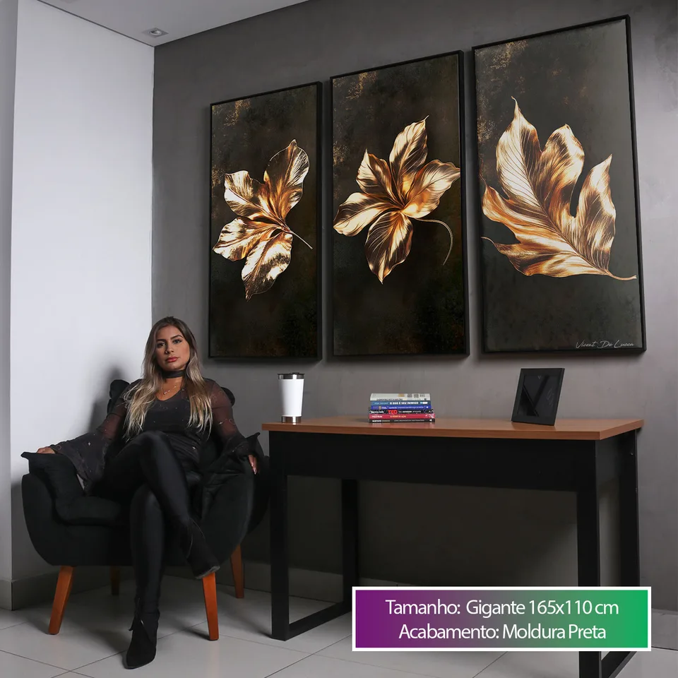 7020 Quadro Harmonia de Folhas Douradas 3 Peças (4)