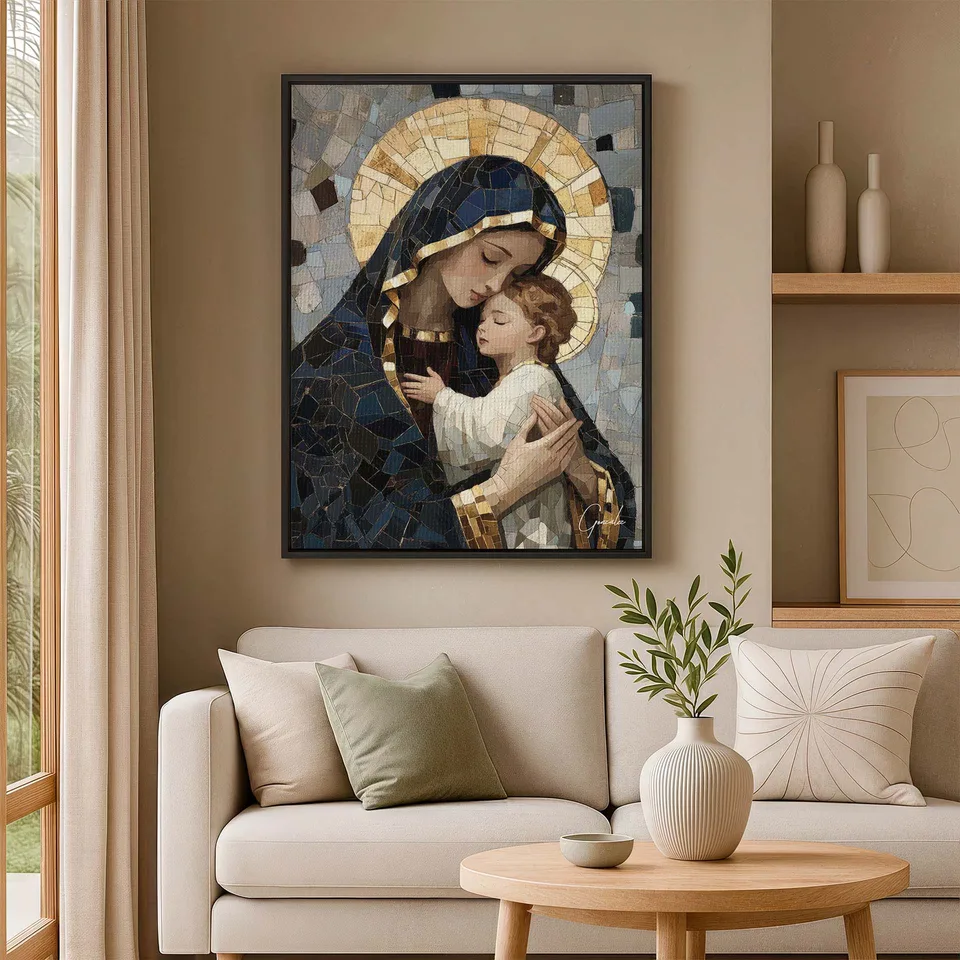 Quadro Maria e Jesus Mosaico com moldura preta na sala