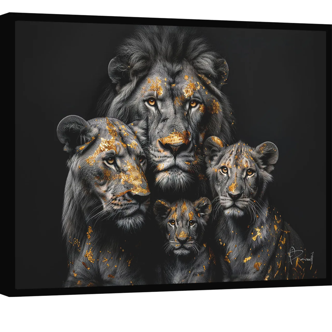 Quadro Família de Leões Folhas de Ouro, leões em fundo escuro com aplicação de ouro