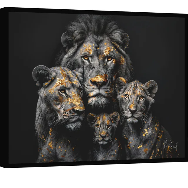 Quadro Família de Leões Folhas de Ouro. Leão, leoa e dois filhotes preto e branco