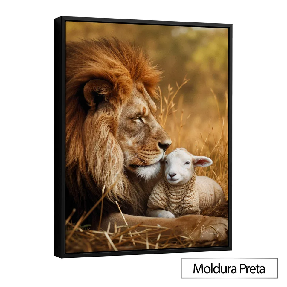 Quadro Leão Protetor do Cordeiro com moldura preta