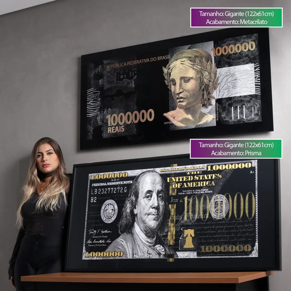 Quadro decorativo 1 Milhão de Reais com dois modelos nota