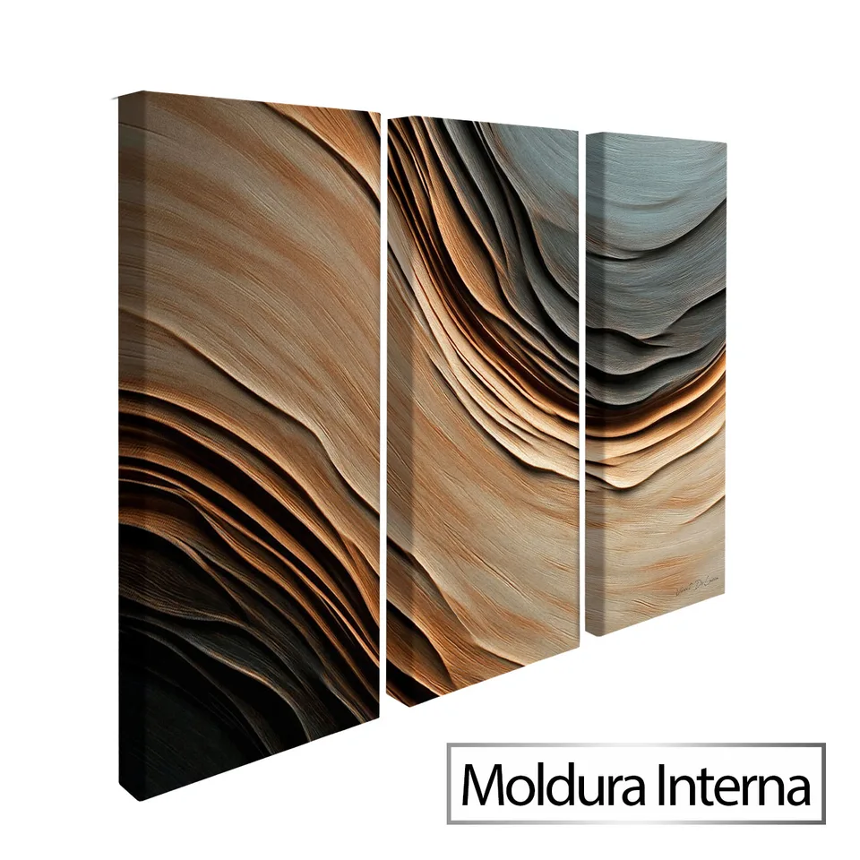Quadro Abstrato Correnteza Amadeirada 3 Peças — Moldura Interna, Médio 93x62