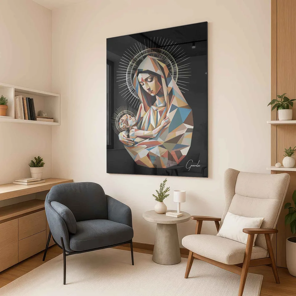quadro amor sagrado geométrico em contexto — escritório de psicologia com moldura metacrilato