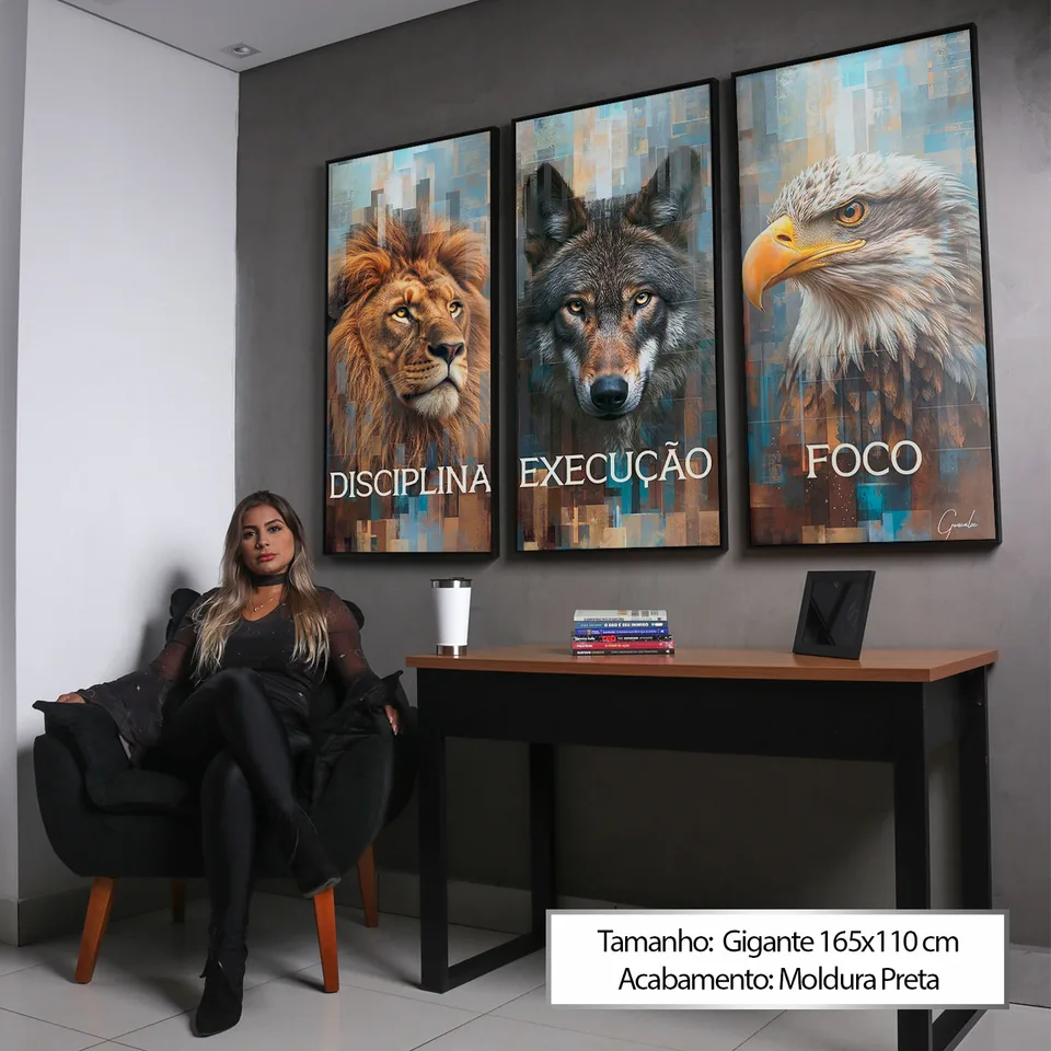 Quadro Disciplina, Execução e Foco Grid Art 3 Peças escritório com modelo