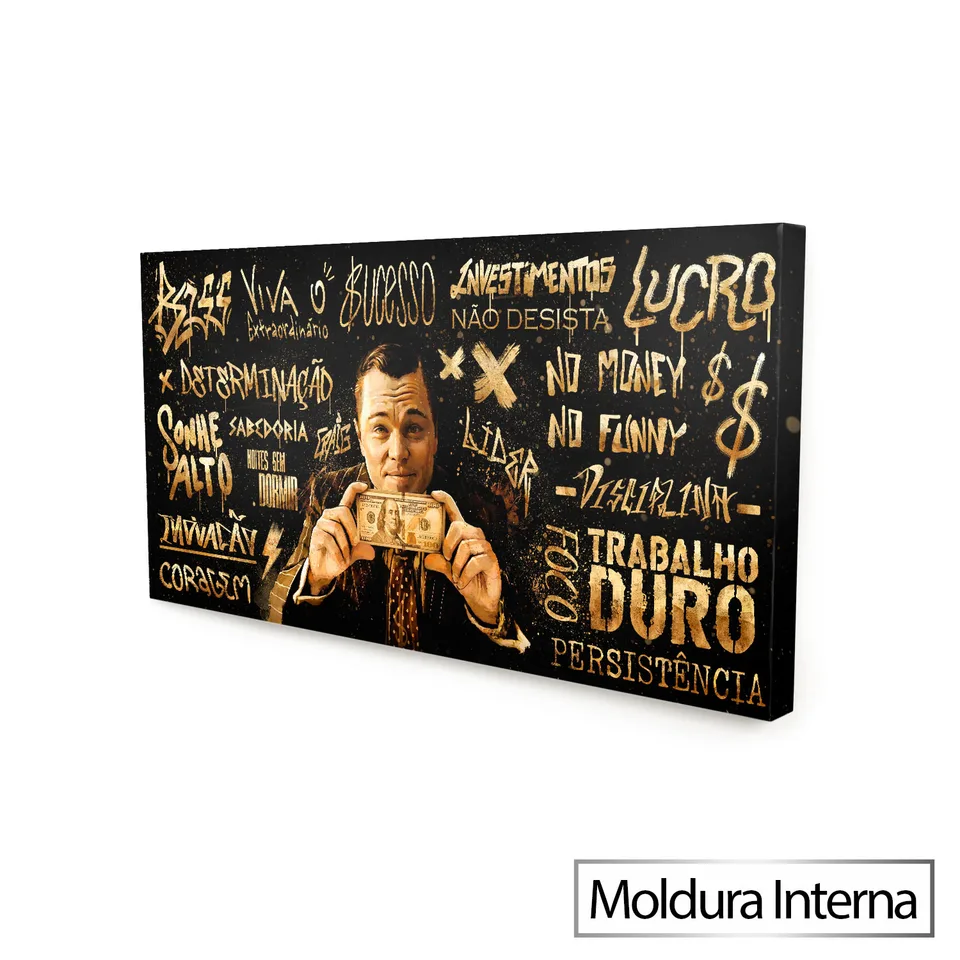 Quadro Lobo de Wall Street Grafite Dourado — Moldura Interna, Médio 68x34