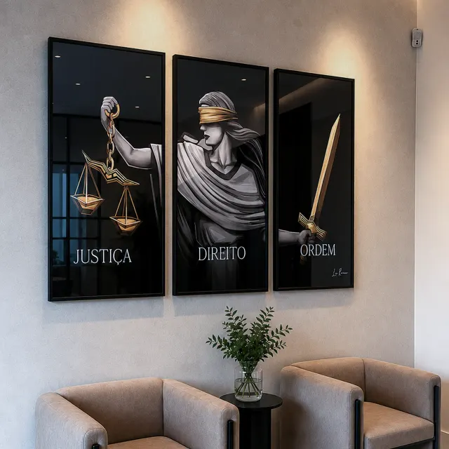 Tríptico Justiça, Direito e Ordem em sala de espera de escritório