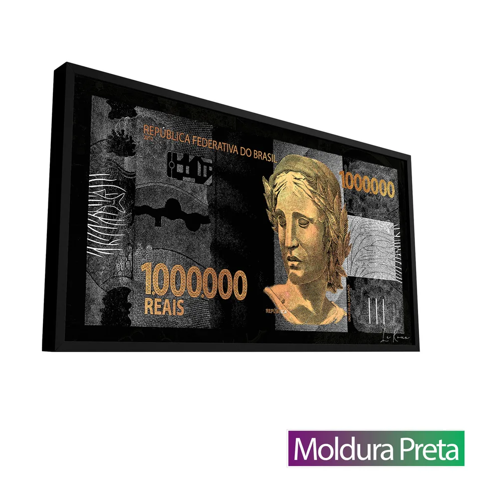 Quadro decorativo 1 Milhão de Reais com moldura de filete preta