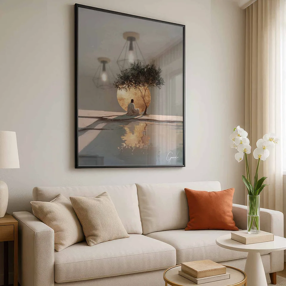 quadro cristo em serenidade — moldura prisma sala clean bege terroso
