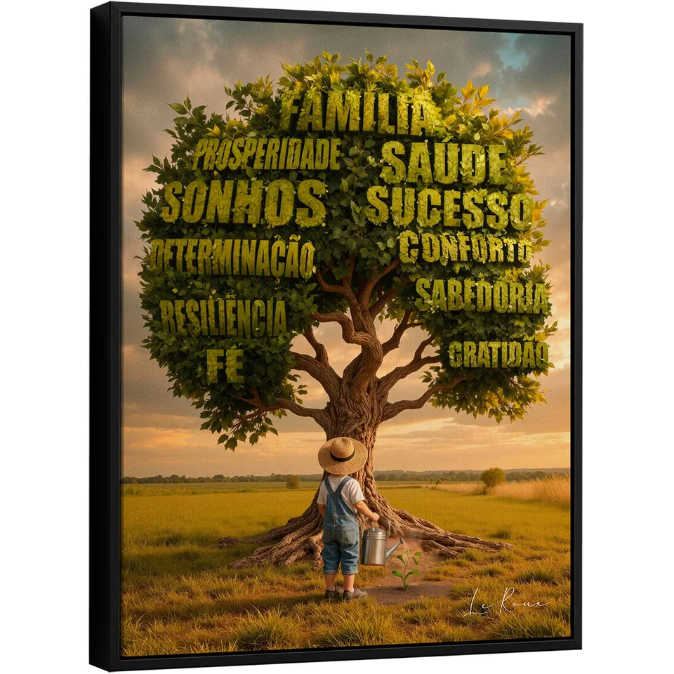 quadro semeando o futuro — criança plantando muda com árvore de palavras ao fundo — arte do artista Le Roux