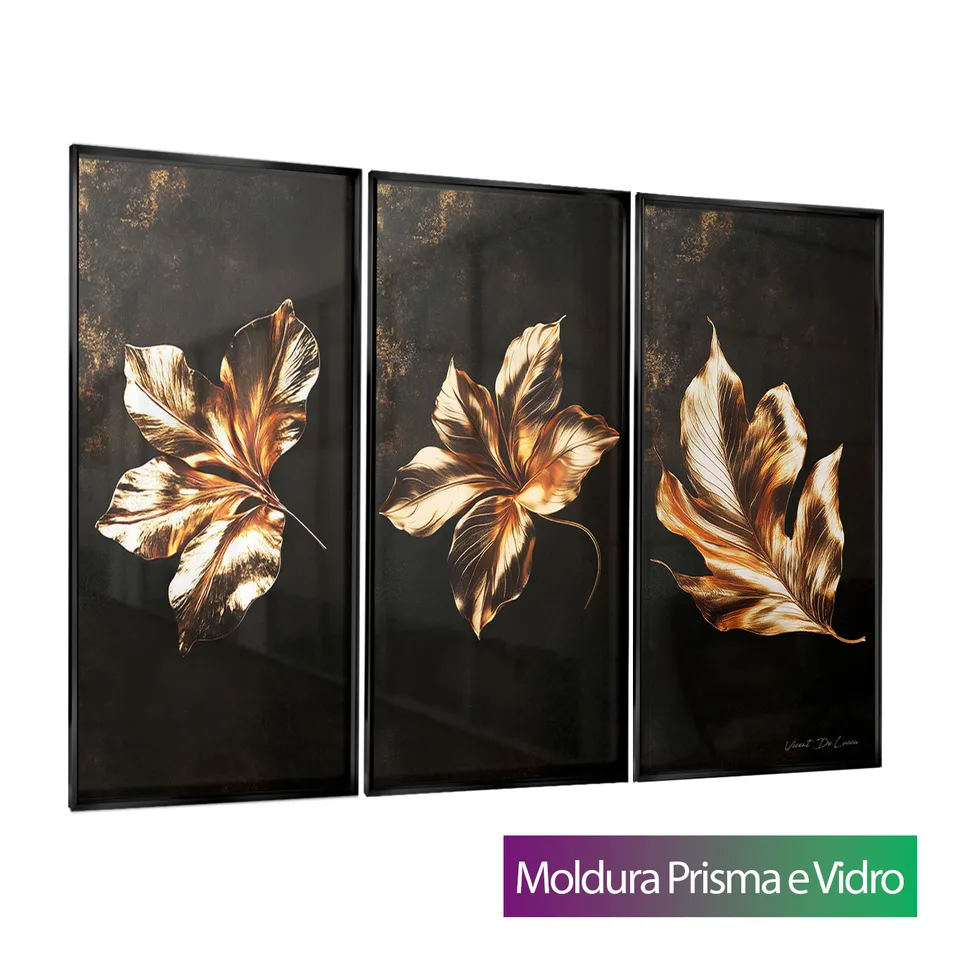 7020 Quadro Harmonia de Folhas Douradas 3 Peças (1)
