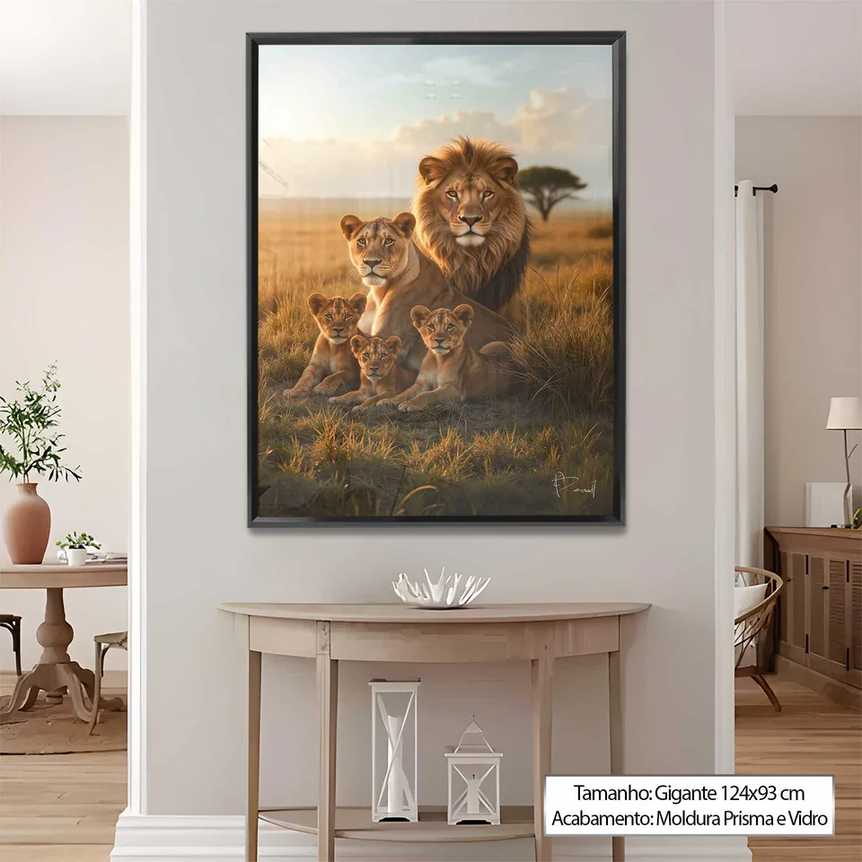 Quadro Família de Leões na Savana no Hall acima do aparador