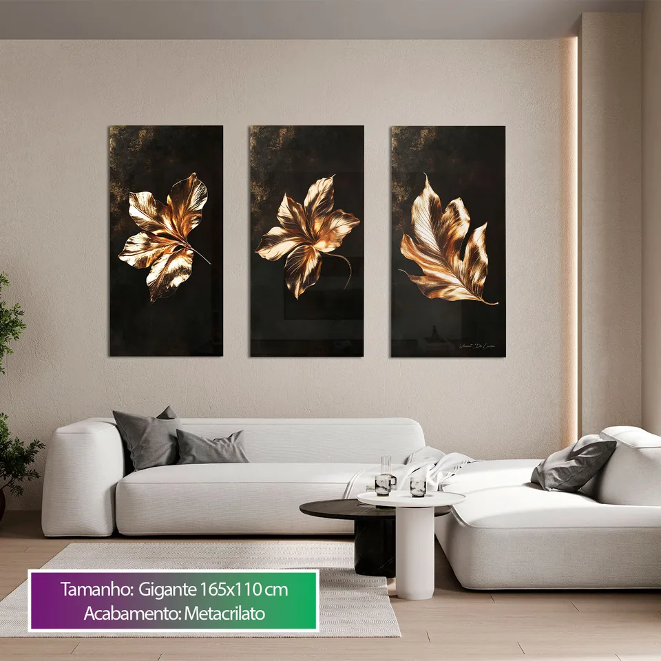 7020 Quadro Harmonia de Folhas Douradas 3 Peças (5)