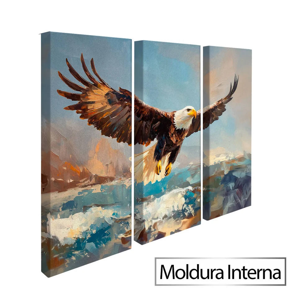Quadro Águia Sobre o Mar 3 Peças — Moldura Interna, Médio 93x62