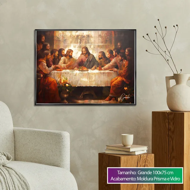 Quadro Santa Ceia Strati D'Arte em canto de sala com poltrona