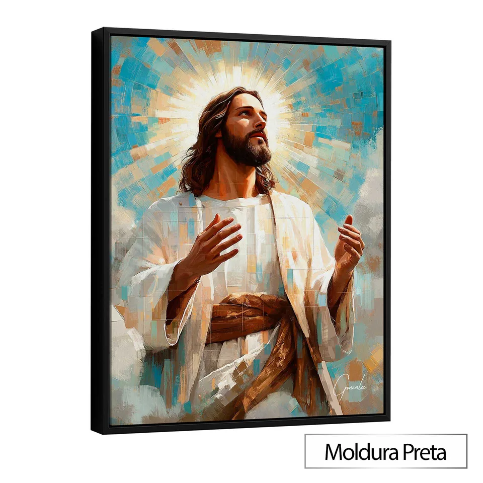 Quadro Jesus é a Luz Grid Art acabamento Moldura de Filete Preta