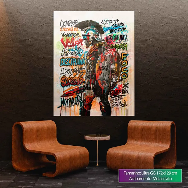 Quadro Espartano Grafite, de Craig, colorido, em sala com poltronas de couro