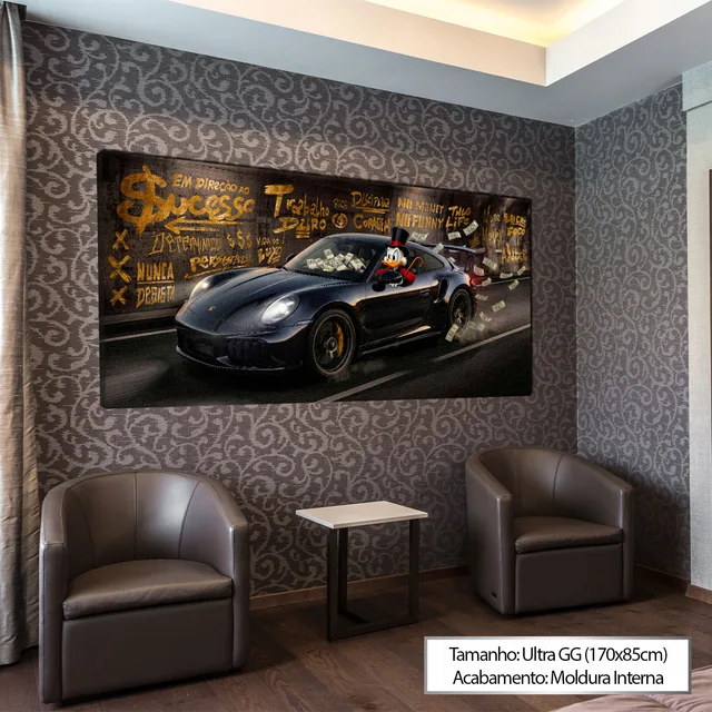 Quadro The Duck's em Direção ao Sucesso em sala de espera com poltronas de couro e papel de parede