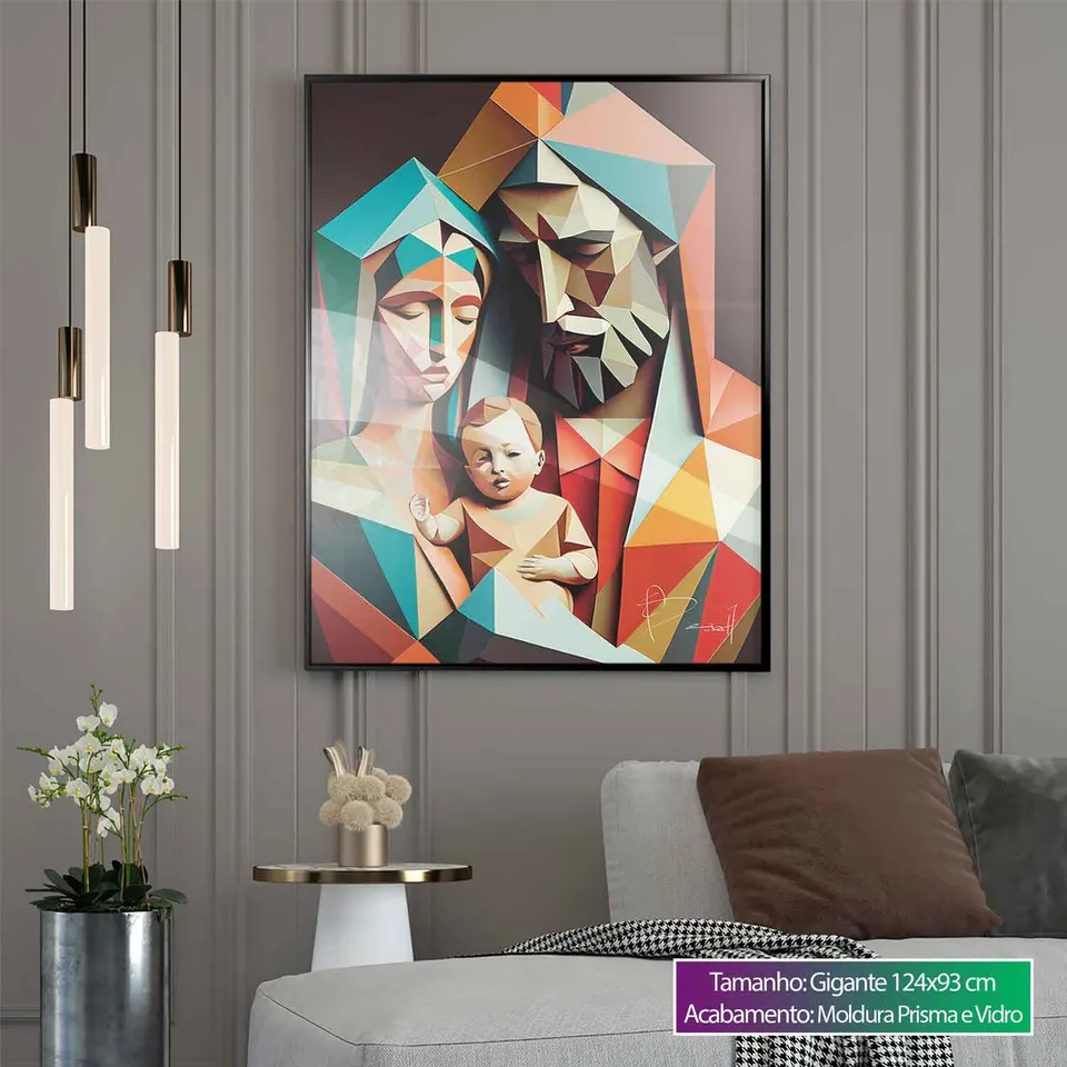 Quadro decorativo Família Divina Geométrica em sala de estar clean