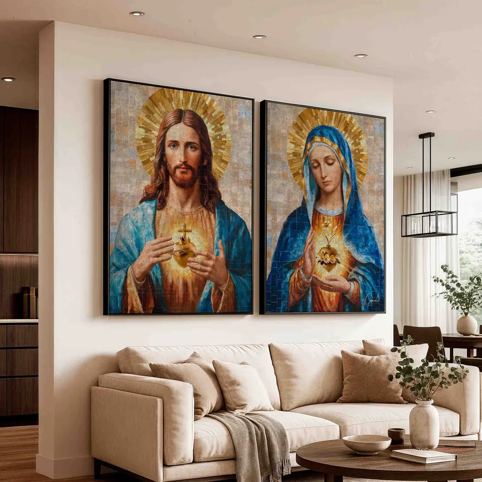 quadro amor de jesus e maria 2 peças — moldura preta sala vintagem bege