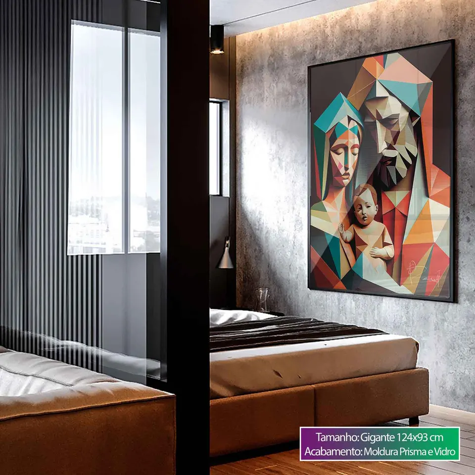 Quadro decorativo Família Divina Geométrica em quarto de casal