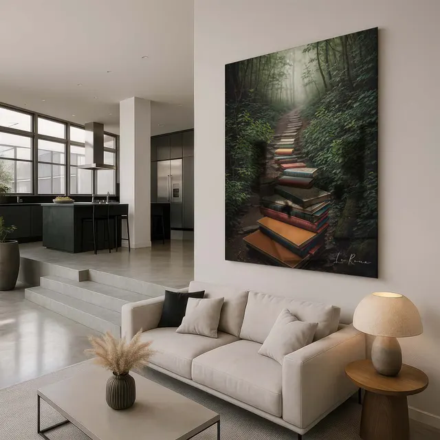 Quadro O Caminho do Conhecimento em sala de estar com sofá claro