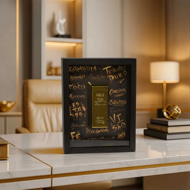 The Golden Bar of Abundance sobre aparador em escritório