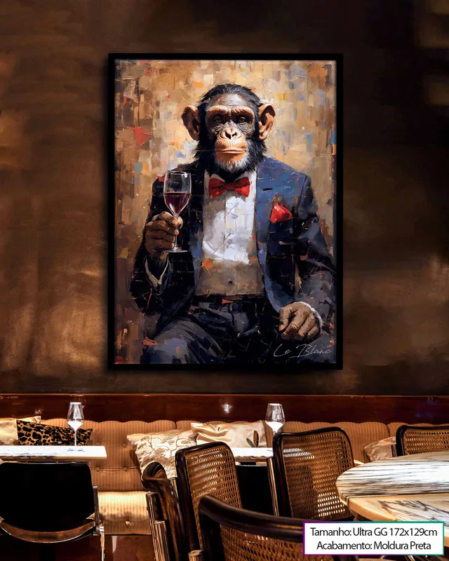 Quadro Macaco Sofisticado em sala com poltrona e mesa lateral