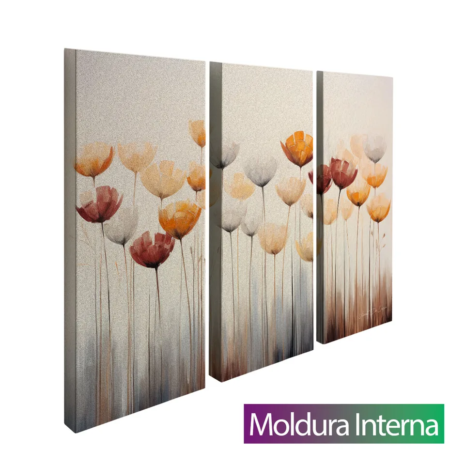 Quadro Flores Delicadas 3 Peças — Moldura Interna, Médio 93x62