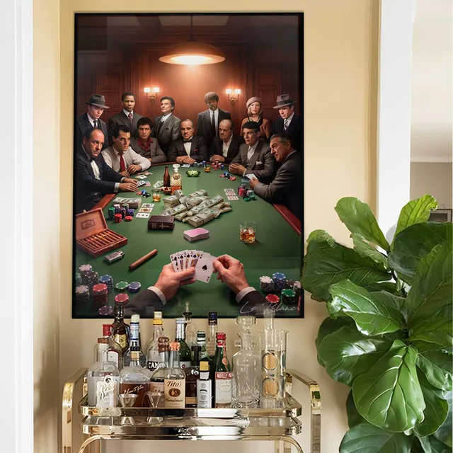 Quadro O Jogo dos Gangsters acima de carrinho de bar com plantas