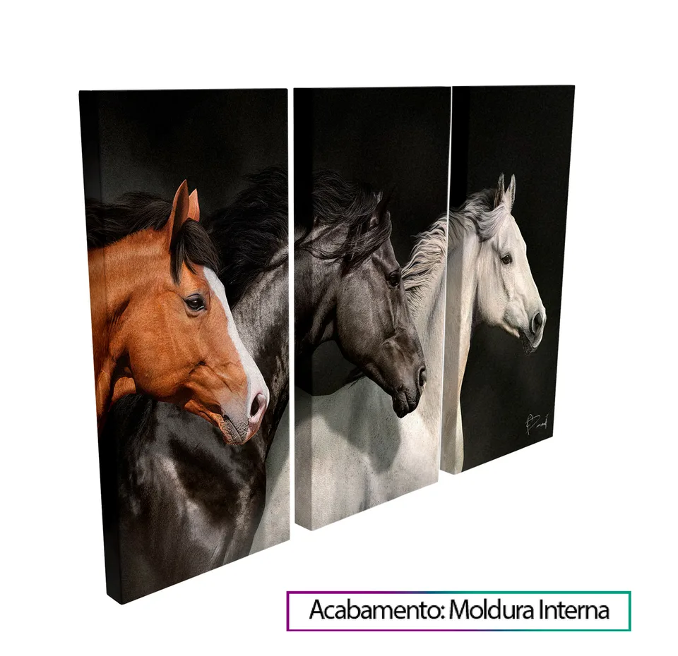 Quadro Belos Cavalos Três Peças — Moldura Interna, Médio 93x62