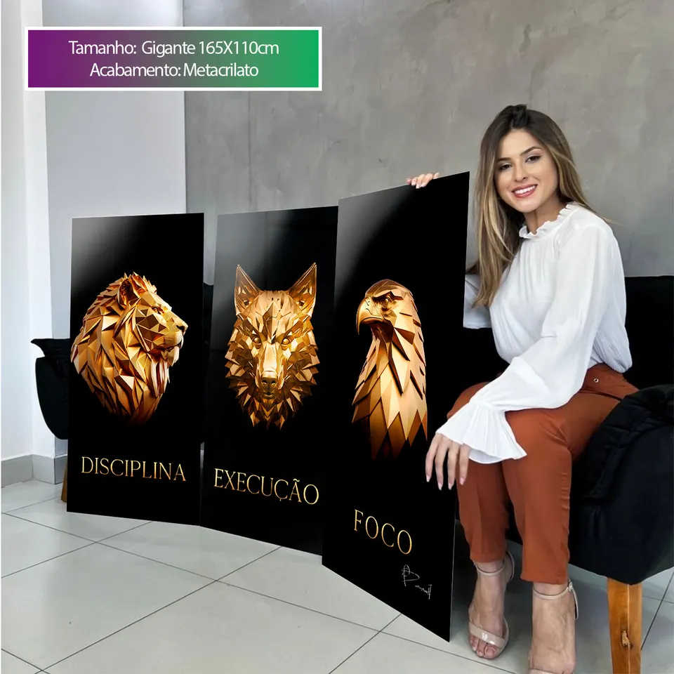 Quadro Disciplina, Execução e Foco de Ouro 3 Peças