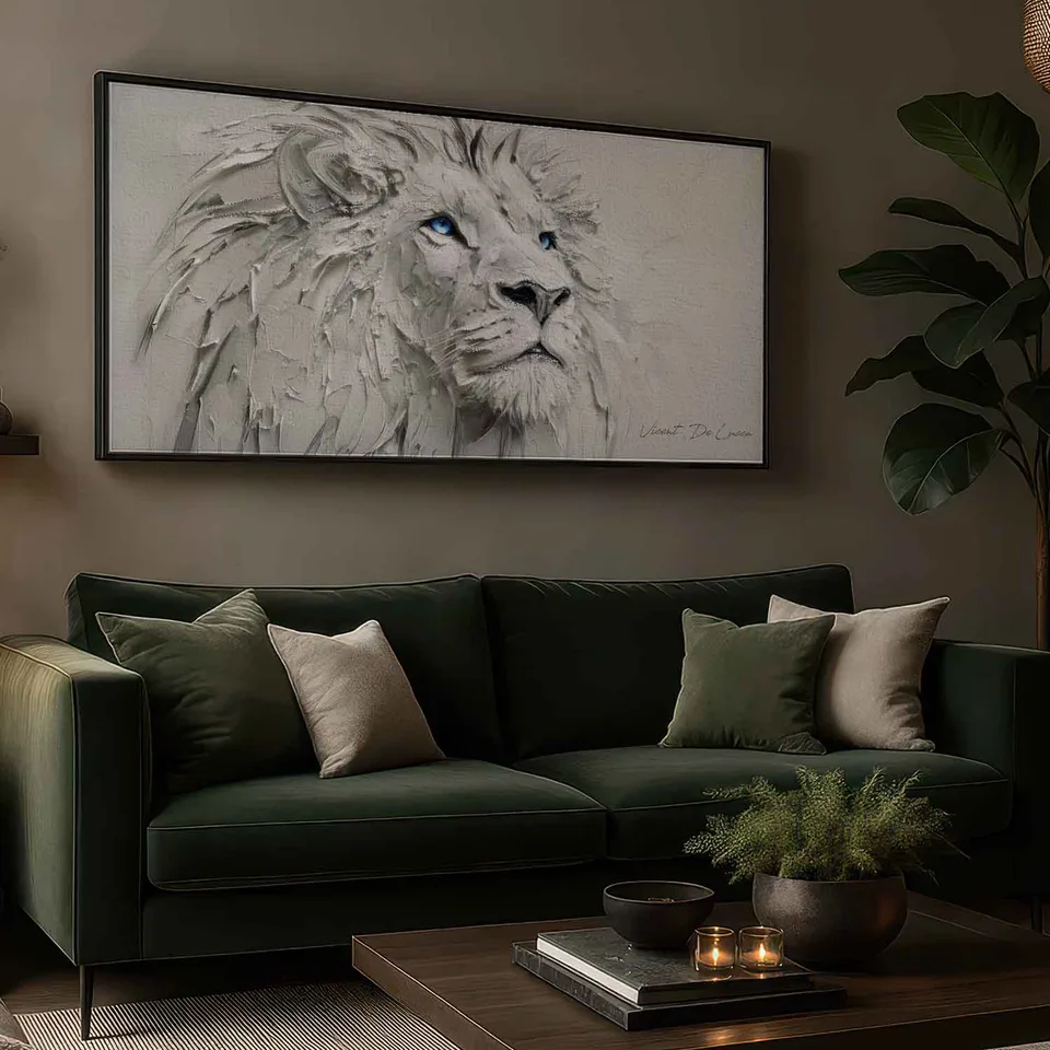 leao branco realeza verde boho — integração em espaço decorativo com paleta verde