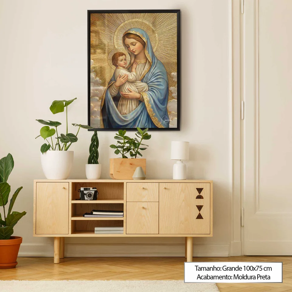 Quadro O Amor Materno de Maria acima do aparador