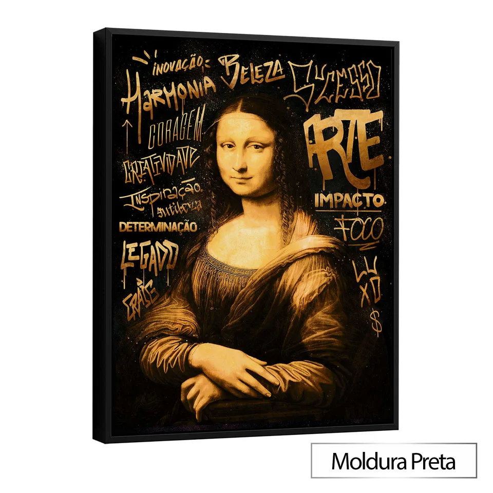quadro monalisa grafite dourado — close detalhes símbolos e palavras criatividade