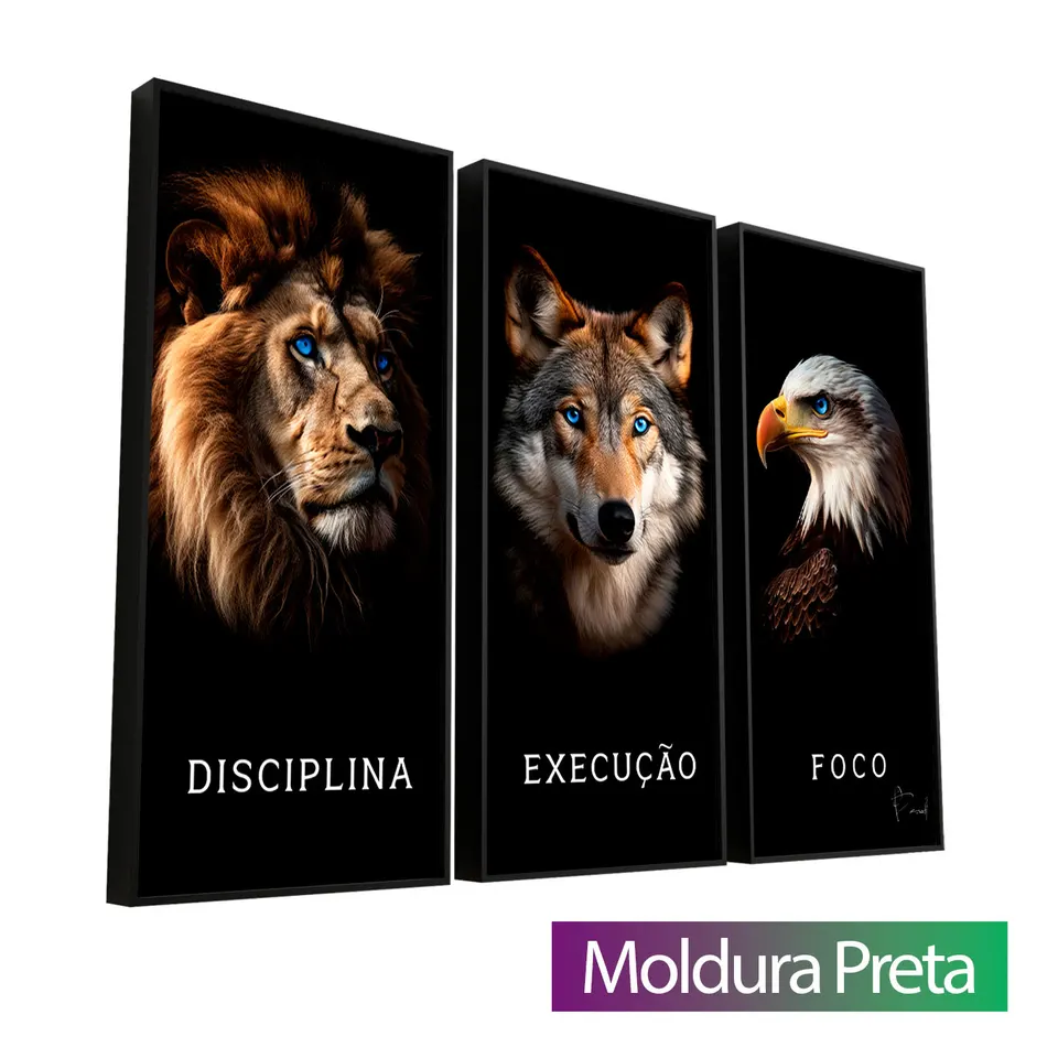 Disciplina, Execução e Foco - Realista, 3 Peças com Moldura de Filete Preta