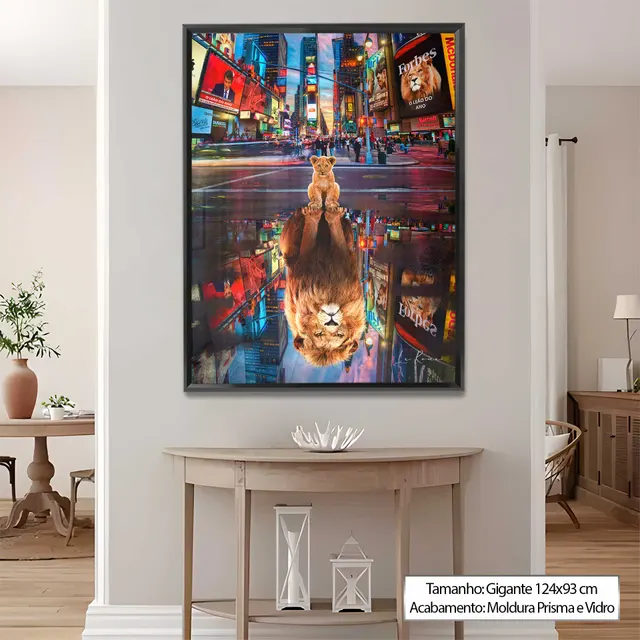 Quadro Mindset é Tudo acima de aparador meia-lua com vaso e lanternas