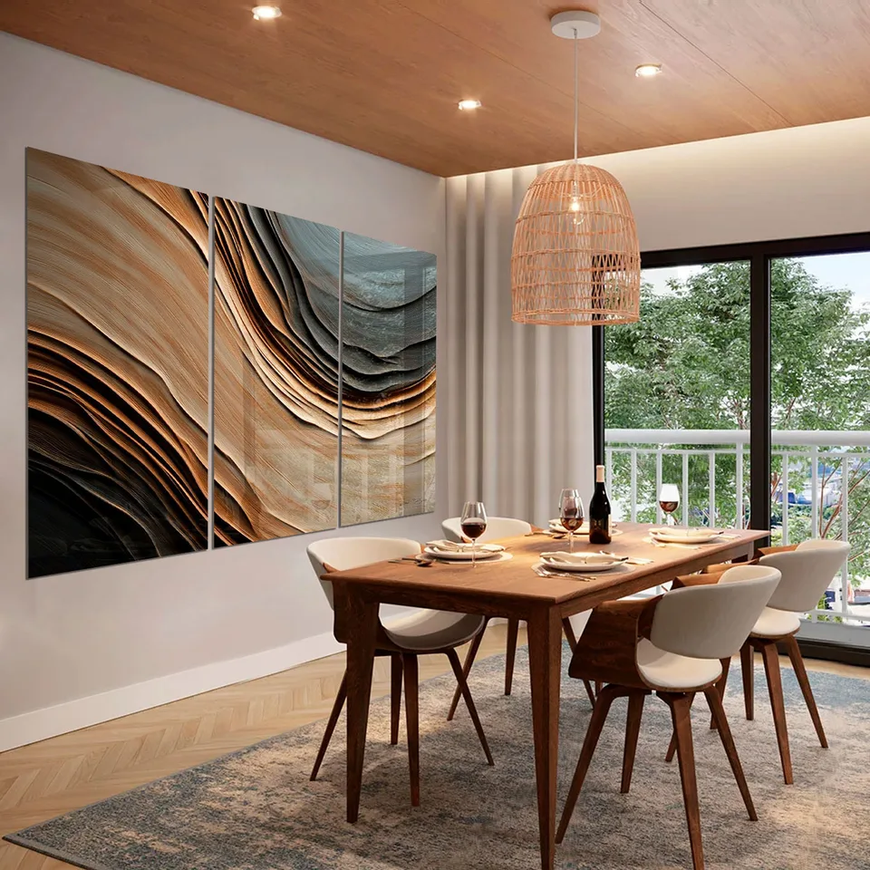 Quadro Abstrato Correnteza Amadeirada 3 Peças em sala de jantar luxuosa