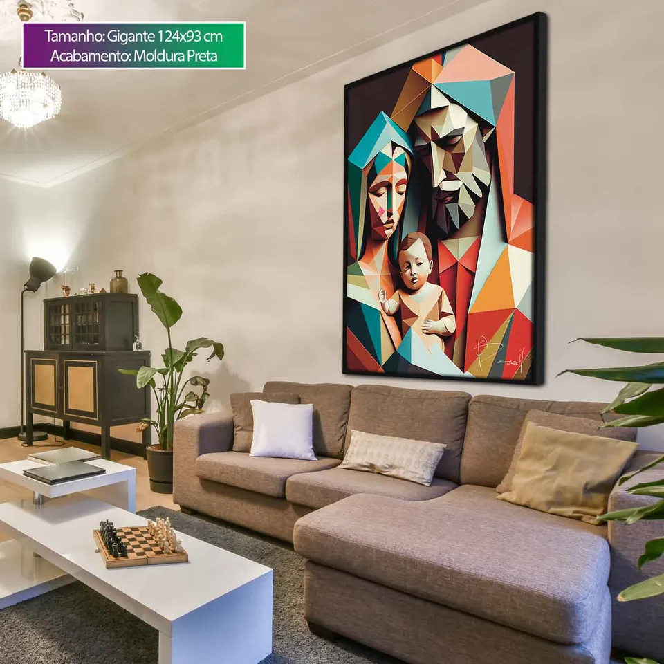 Quadro decorativo Família Divina Geométrica em sala de estar