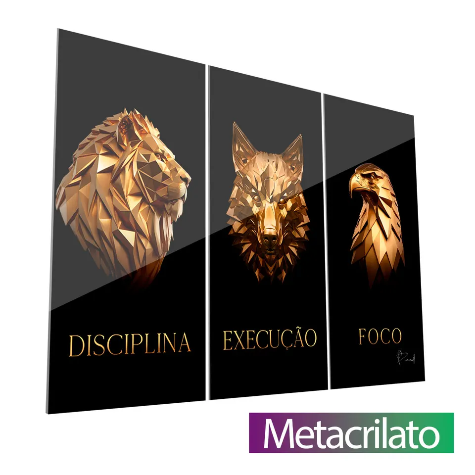 Quadro Disciplina, Execução e Foco de Ouro 3 Peças