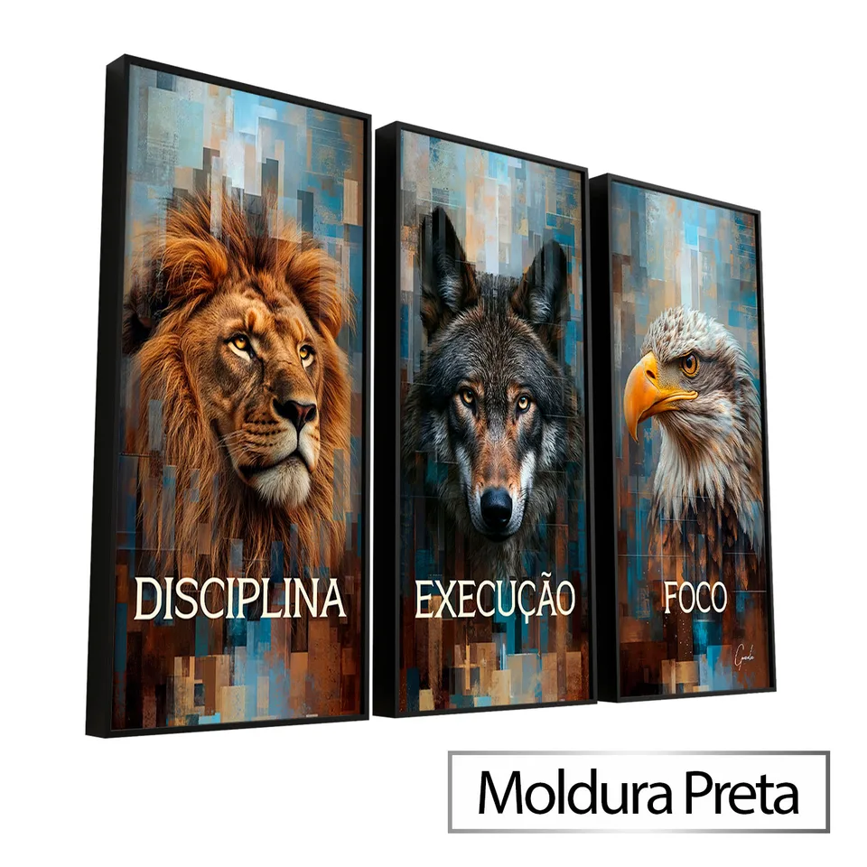 Quadro Disciplina, Execução e Foco Grid Art 3 Peças com Moldura Preta