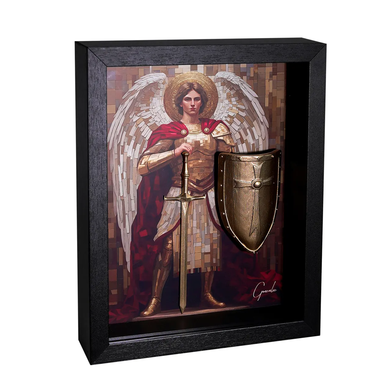 Quadro São Miguel Arcanjo Protetor, de Gonzalez, arte sacra em caixa com profundidade