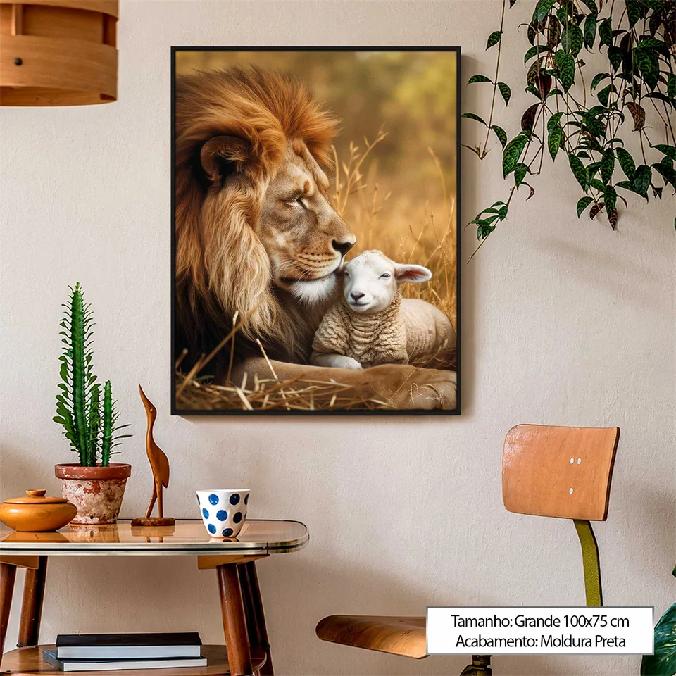 Quadro Leão Protetor do Cordeiro acima da mesa