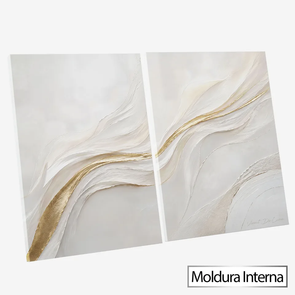 Quadro Abstrato Harmonia Dourada 2 Peças — Moldura Interna, Médio 64x48