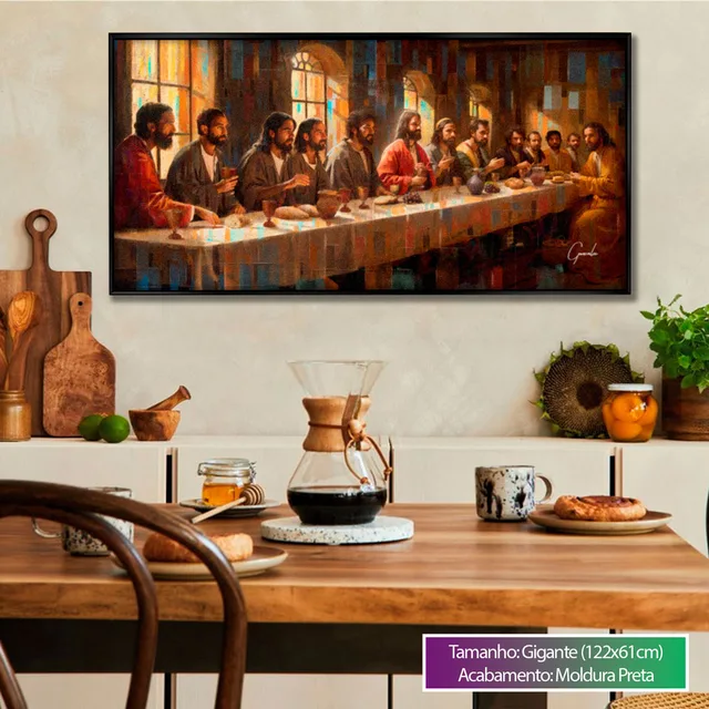 Quadro Santa Ceia Grid Art em cozinha com bancada de madeira